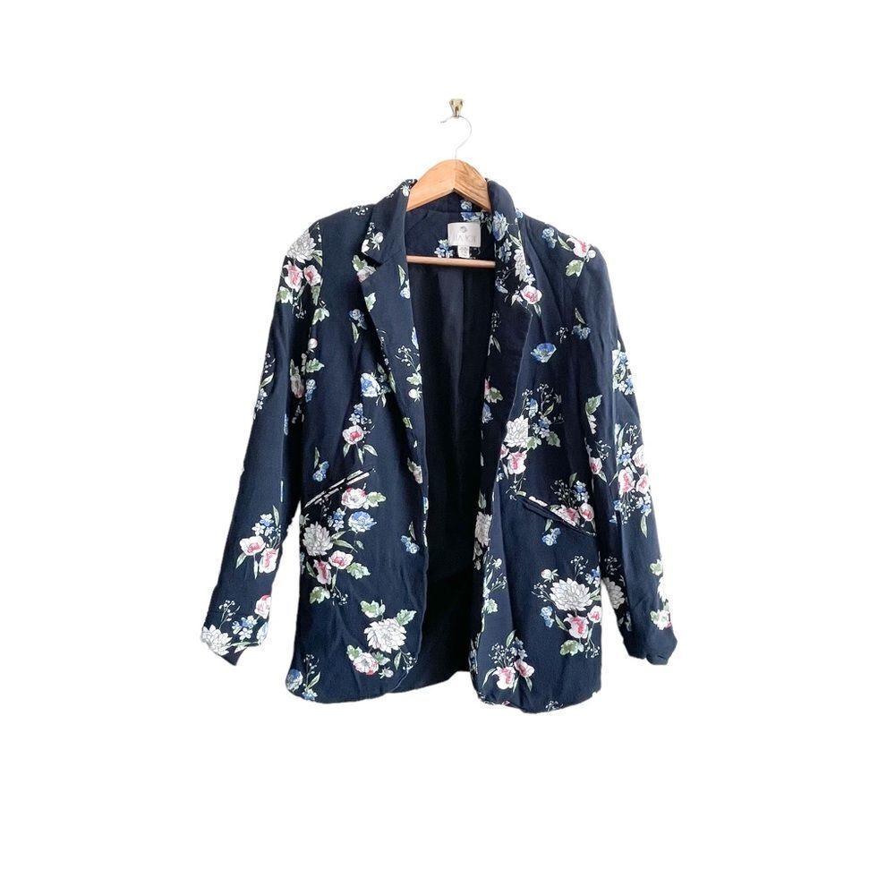 Lila Rose Floral Open Blazer Navy Blue Long Sleeve Women's XS Lined